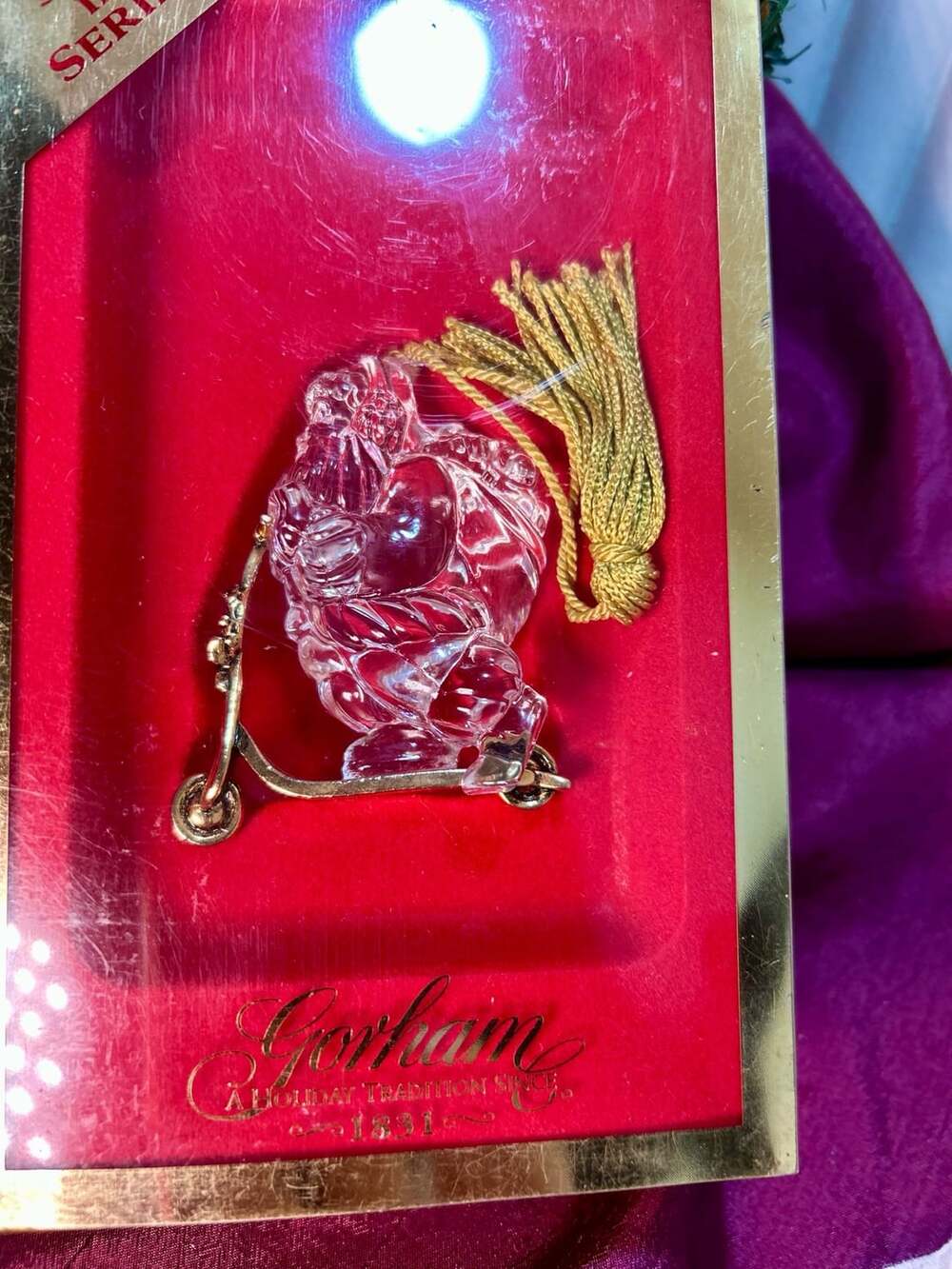 Gorham Antique Gold Scooter Santa Full Lead Crystal Christmas Ornament